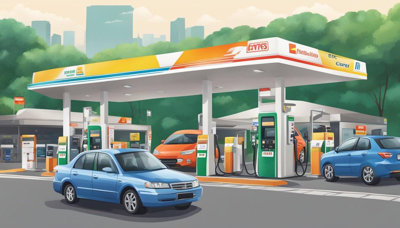 A gas station with a prominent sign advertising the "Best Credit Card for Petrol" in Singapore, with a line of cars at the pumps