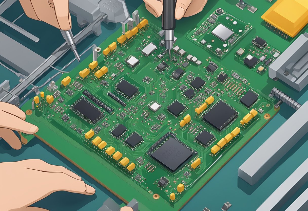 The scene shows a small run PCB assembly with components being soldered onto the board using precision equipment