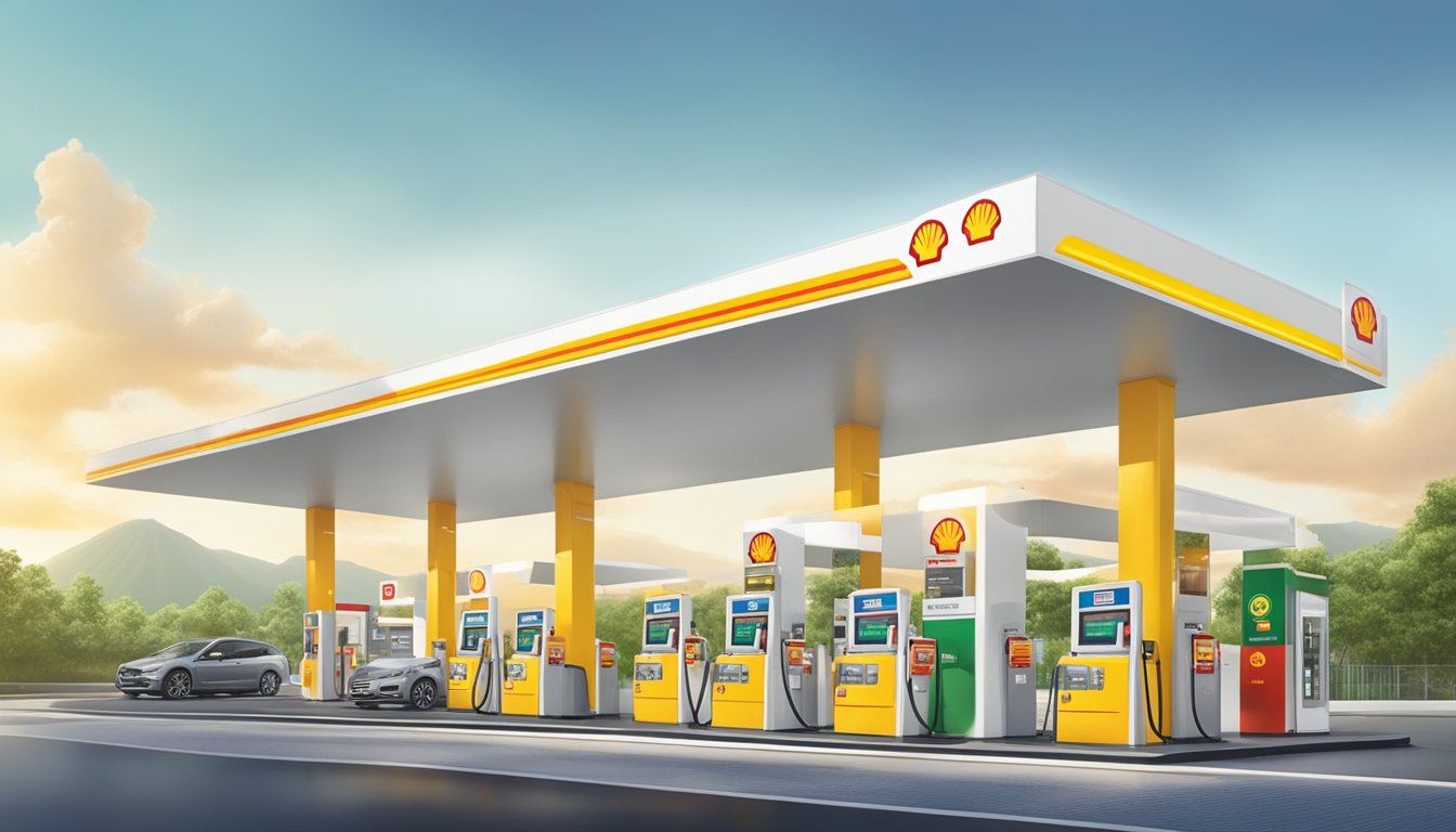 A Shell petrol station in Singapore with a prominent display of the best credit card for Shell petrol. Bright signage and a clean, modern environment