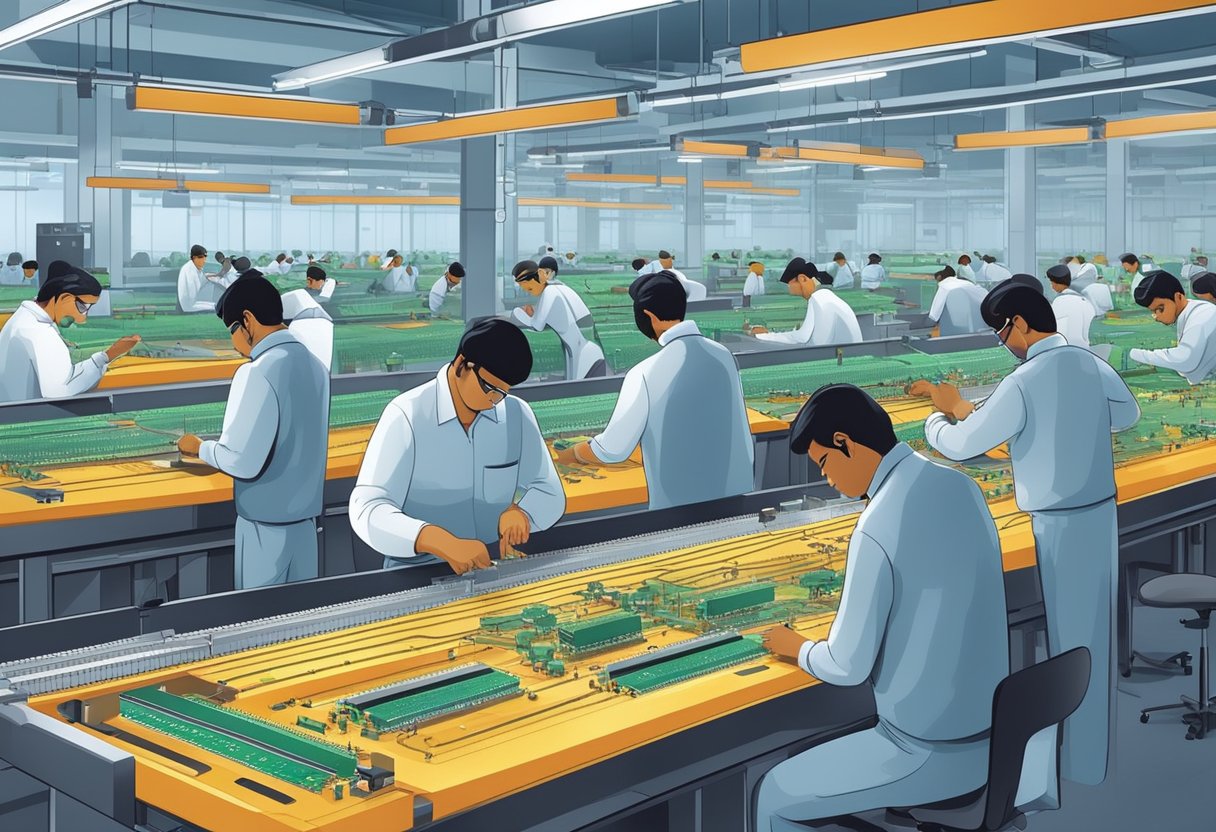 Workers assemble PCBs in a modern Indian factory, surrounded by advanced machinery and technology