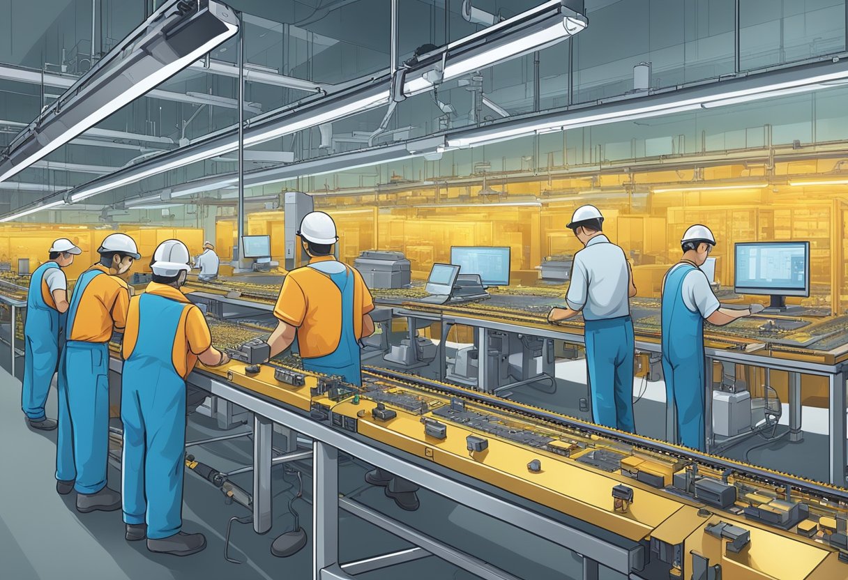 A bustling factory floor with workers assembling PCBs on conveyor belts, while machines solder components and inspect quality