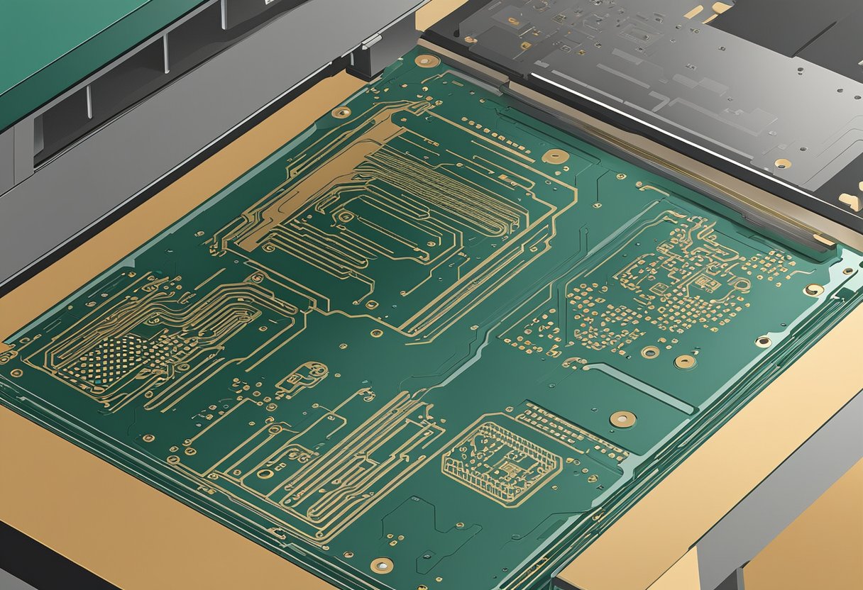 A PCB assembly stencil lies flat on a clean work surface, with precise cutouts and fine details ready for use