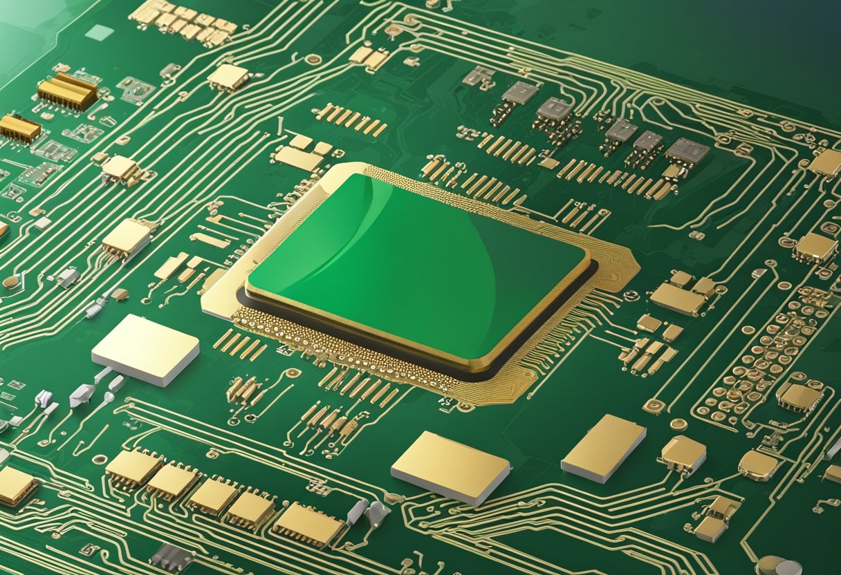 A PCB assembly stencil is positioned over a circuit board, with solder paste being applied through the stencil onto the board's surface