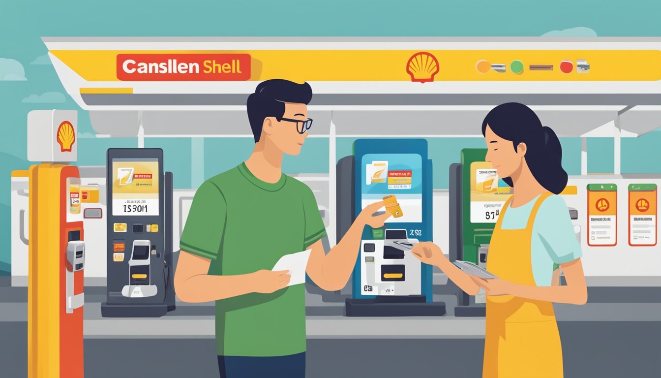 A customer comparing credit card options at a Shell petrol station in Singapore, with a focus on eligibility and benefits