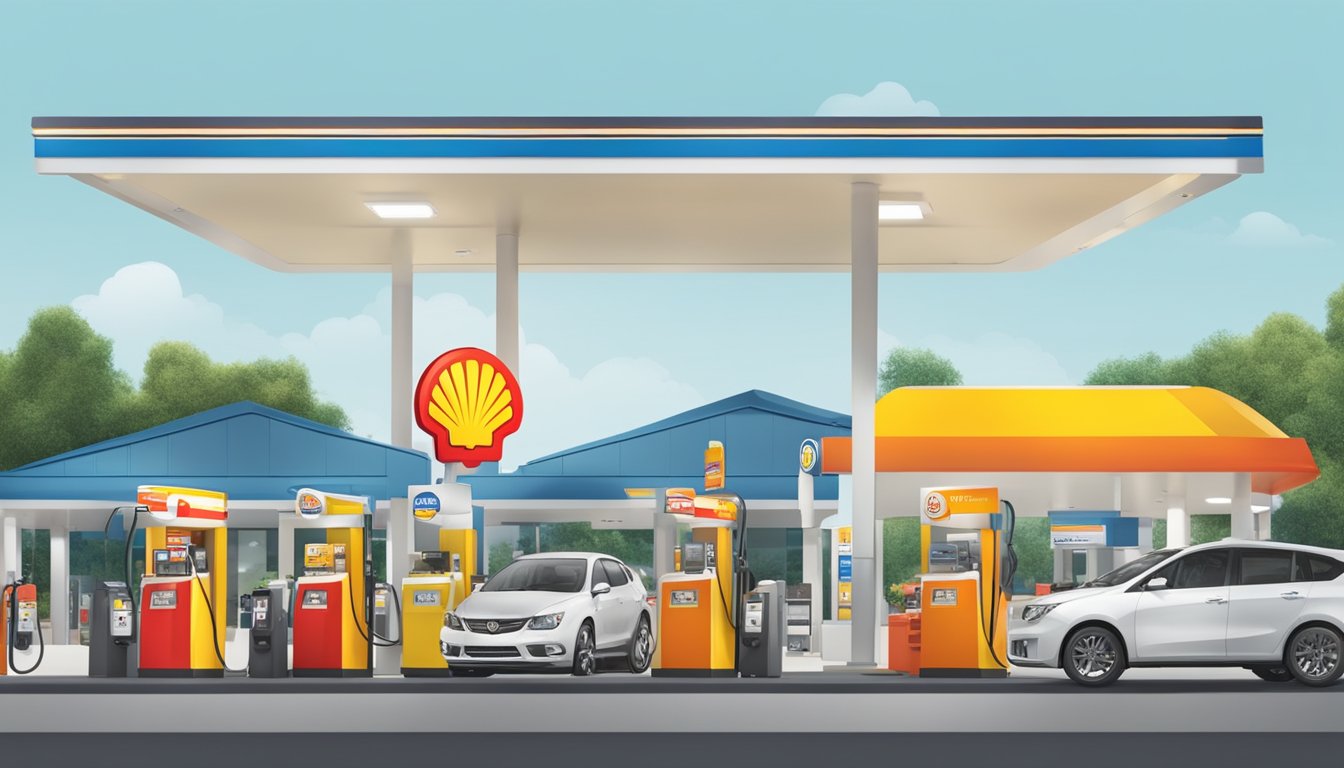 A gas station with a prominent Shell logo, a variety of credit card options displayed, and customers fueling their vehicles