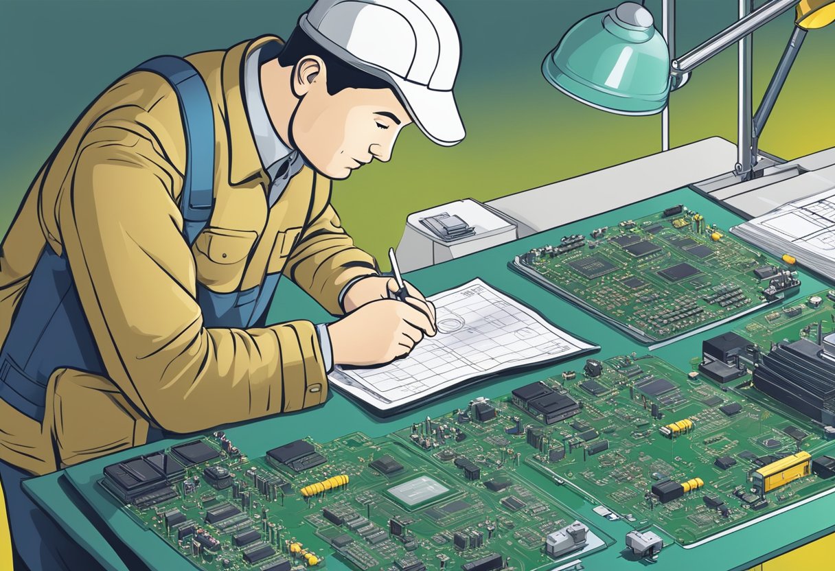An inspector examines a PCB assembly under bright lighting, using a magnifying glass and a checklist for quality control