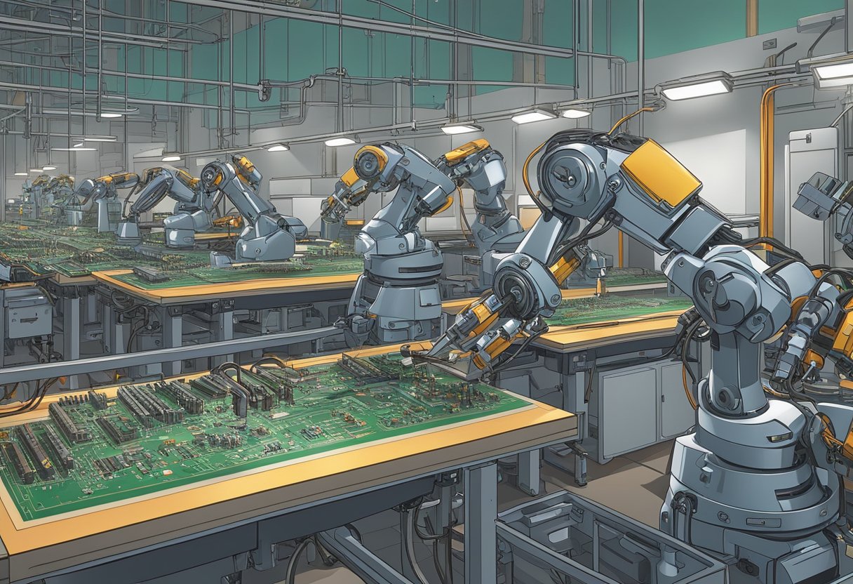 Robotic arms soldering circuit boards in a factory setting
