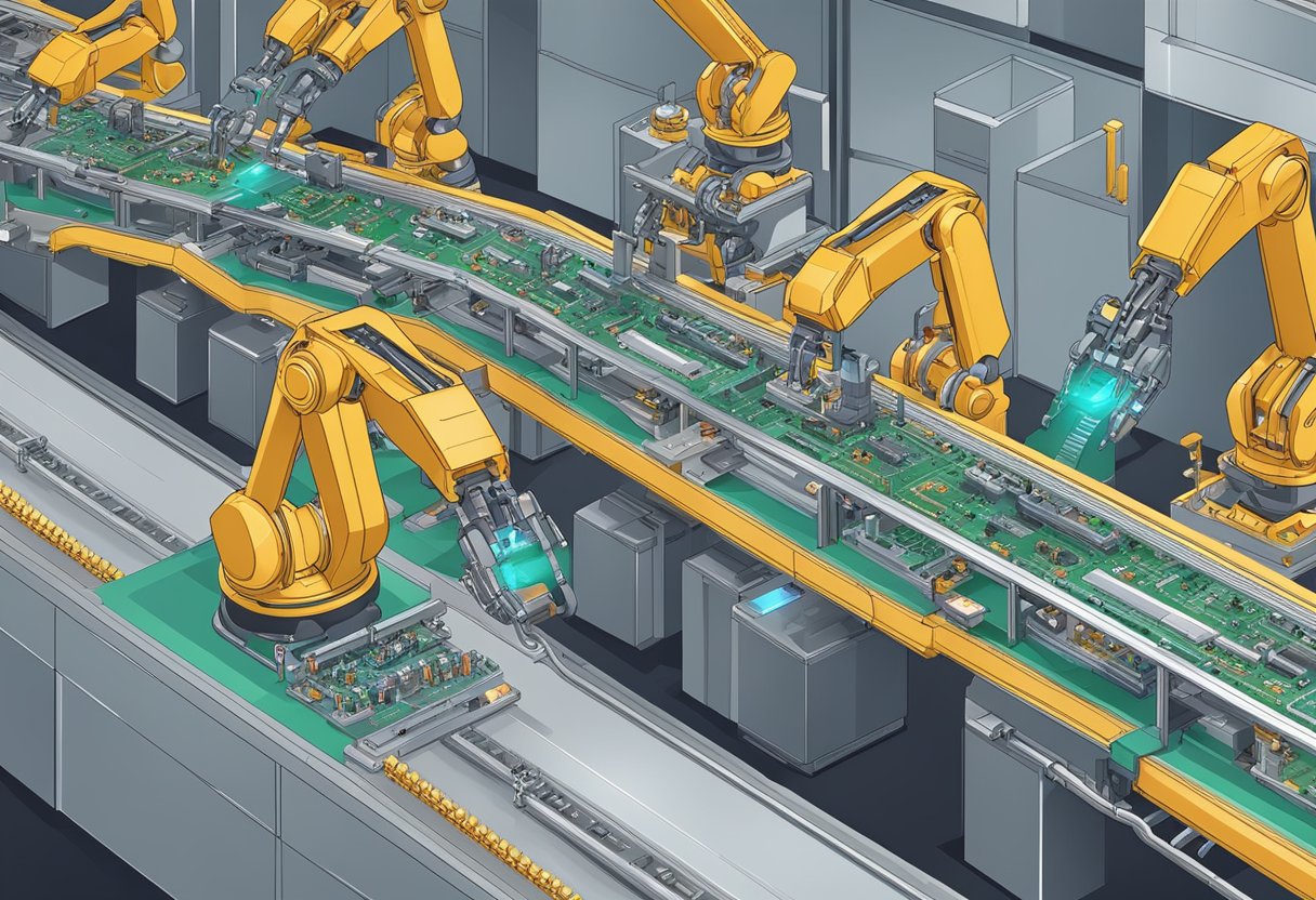 Robotic arms assemble PCB components on a conveyor belt