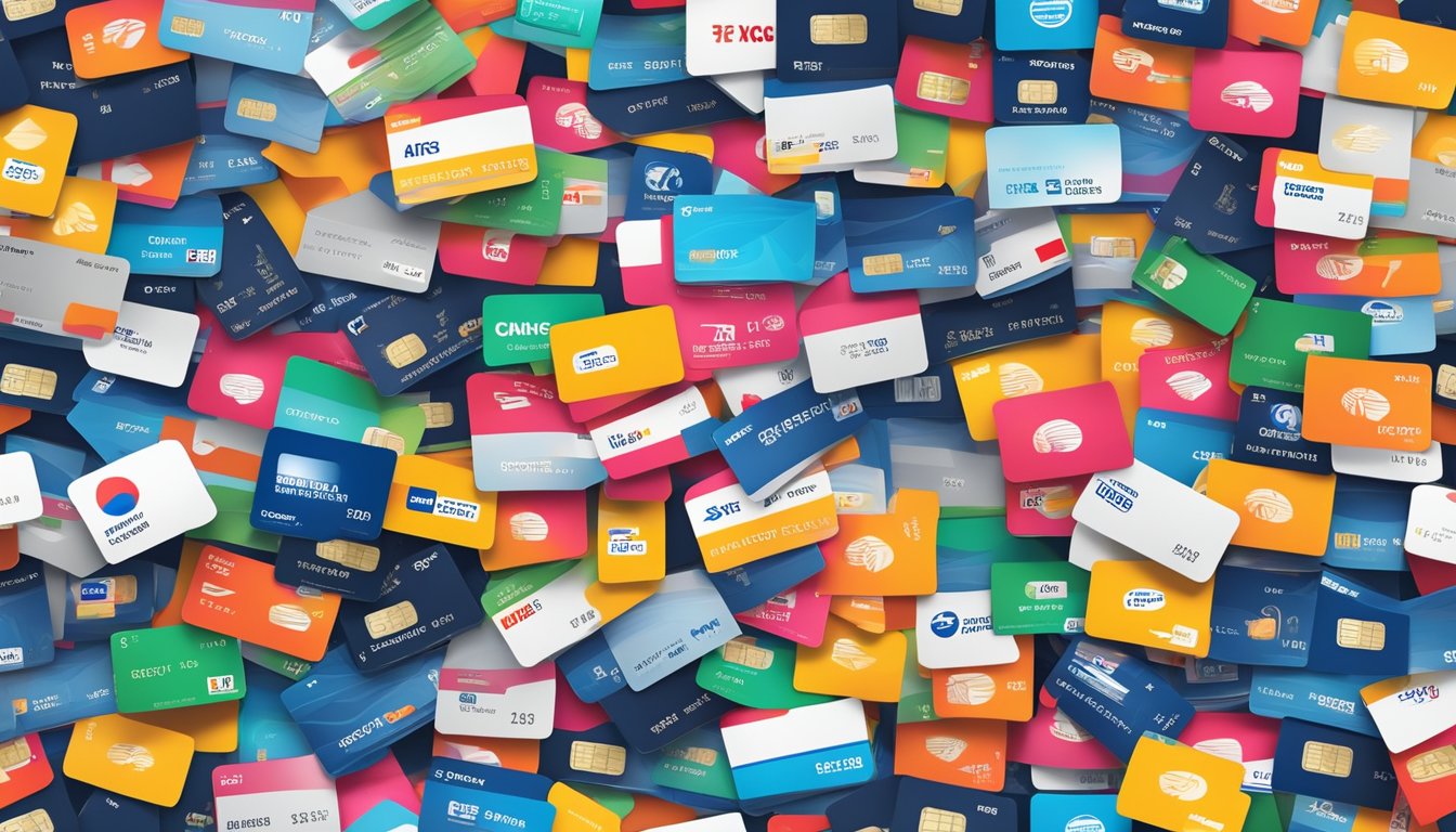 A stack of top credit cards in Singapore arranged neatly with their logos visible, surrounded by icons representing various spending categories