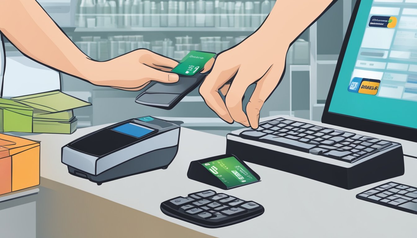 A hand swipes a credit card through a card reader at a checkout counter, with a computer screen showing an online shopping website in the background