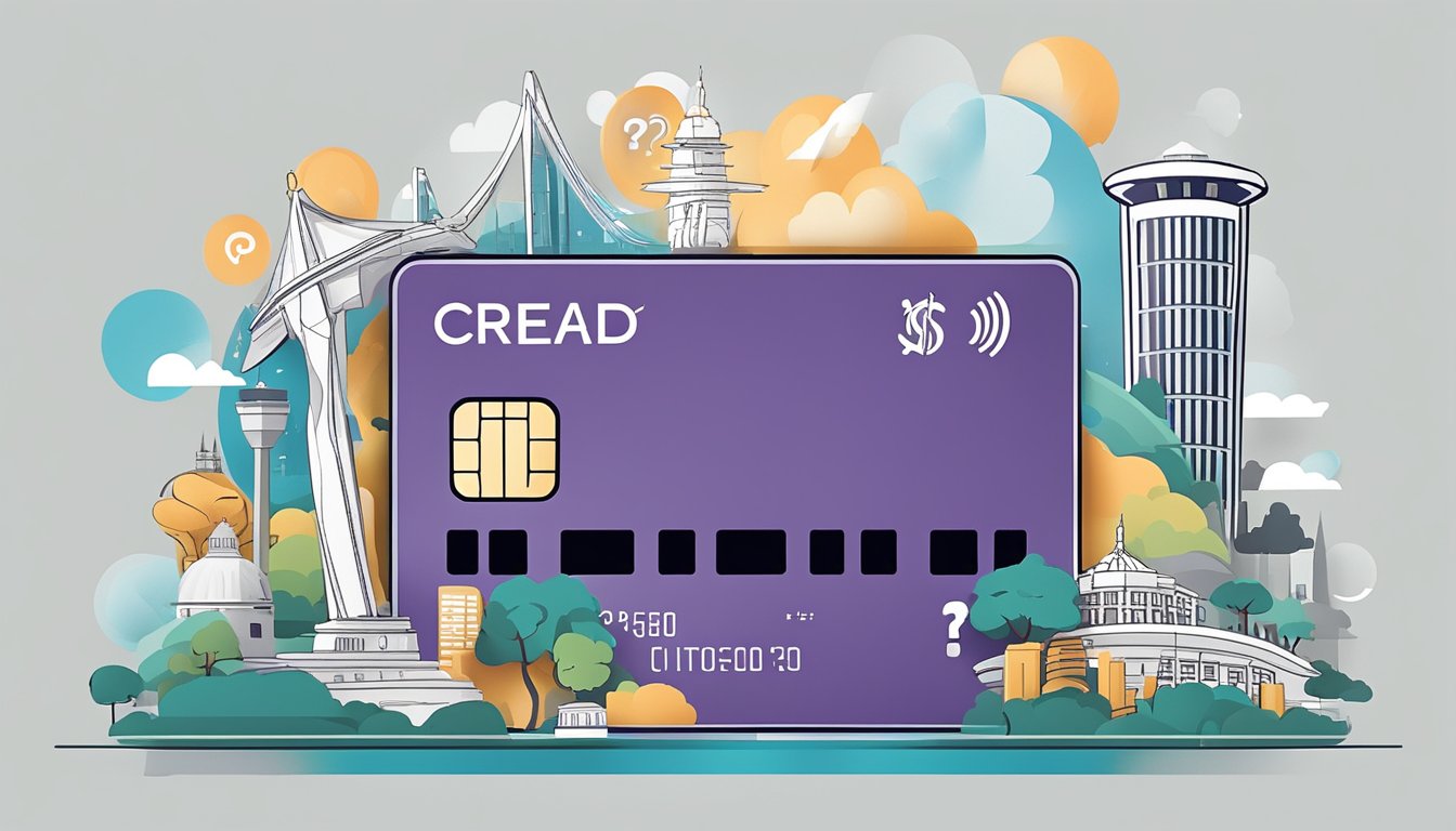 A credit card surrounded by iconic Singaporean landmarks and symbols, with a question mark hovering above it