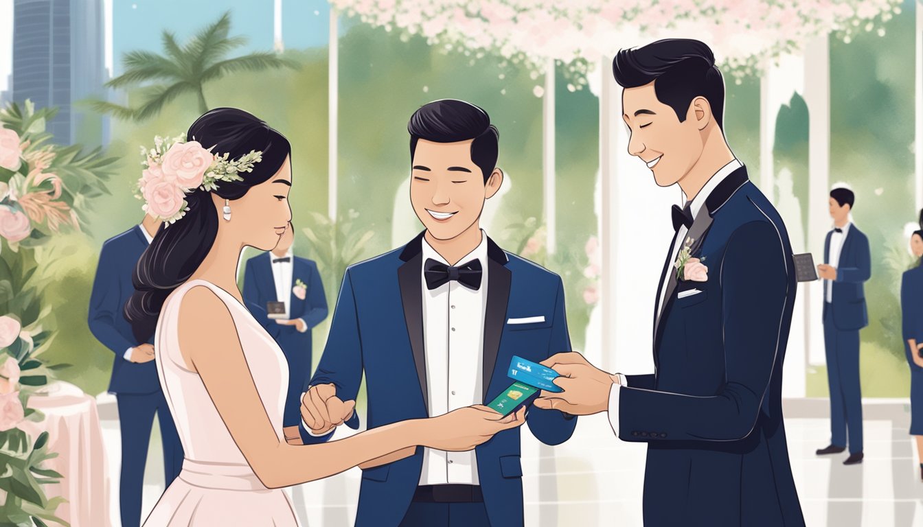 A couple swiping a credit card at a wedding venue in Singapore