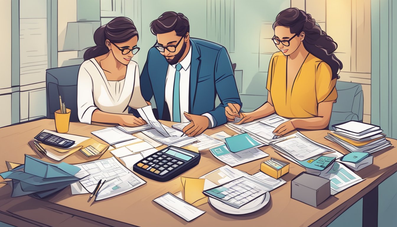 A couple comparing credit card offers, surrounded by wedding planning materials and a calculator