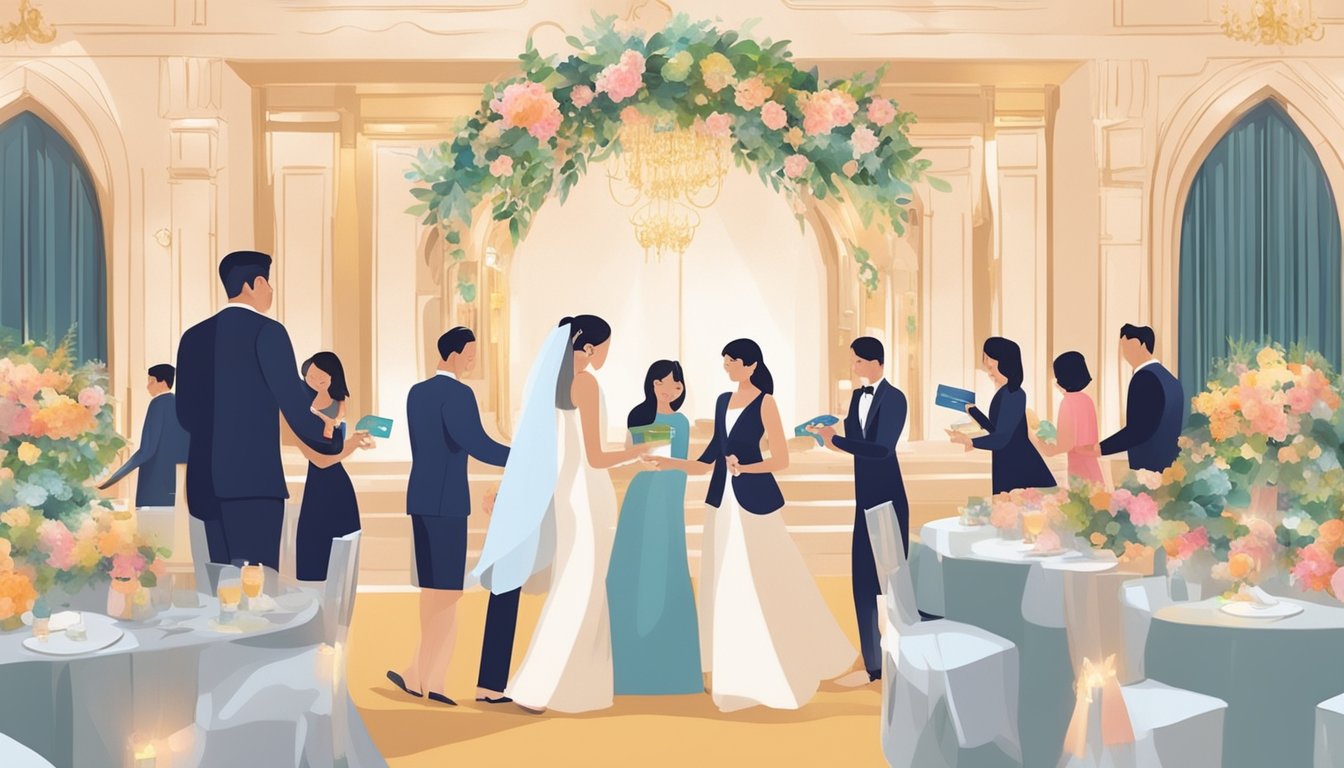 Guests swiping credit cards at a lavish wedding banquet. Venue backdrop with elegant decorations and a sign promoting the best credit card for wedding expenses in Singapore