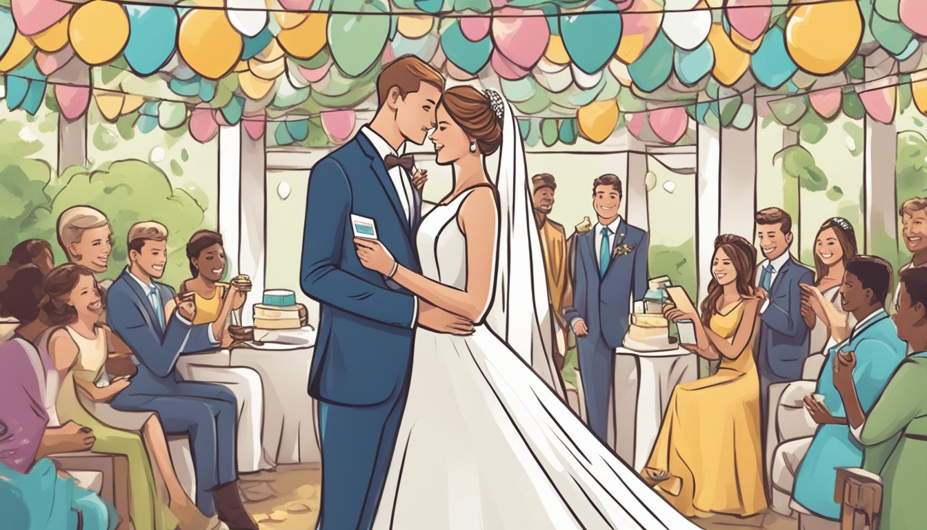 A bride and groom holding a credit card with wedding-themed decorations and a sign that reads "Exclusive Deals for Your Big Day" in the background