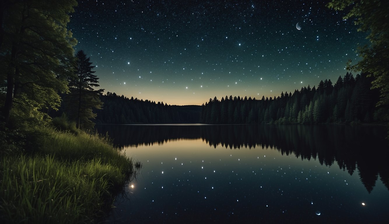 A serene night sky with twinkling stars and a crescent moon shining over a calm, still lake surrounded by lush, green trees