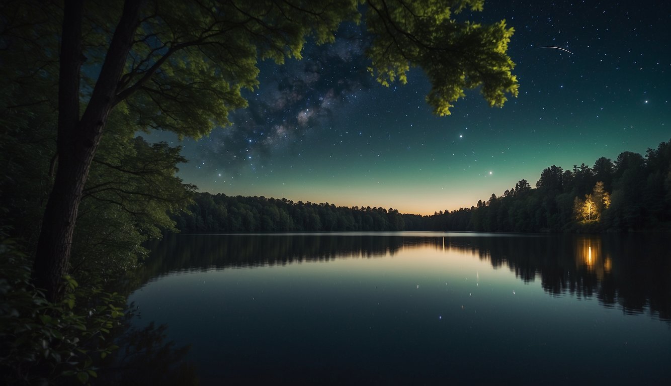 A tranquil night sky with a crescent moon shining over a calm, still lake surrounded by lush, green trees and a gentle breeze rustling the leaves