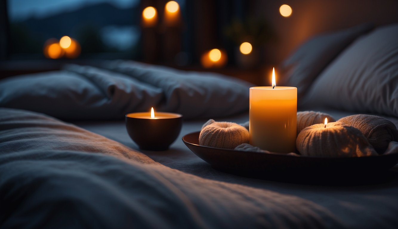 A serene nighttime scene with a glowing candle, soft pillows, and a tranquil atmosphere for peaceful sleep meditation