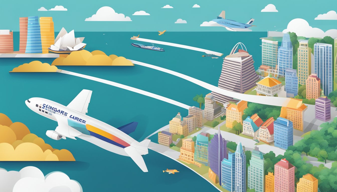 A credit card flying over iconic Singapore landmarks, with a trail of miles behind it