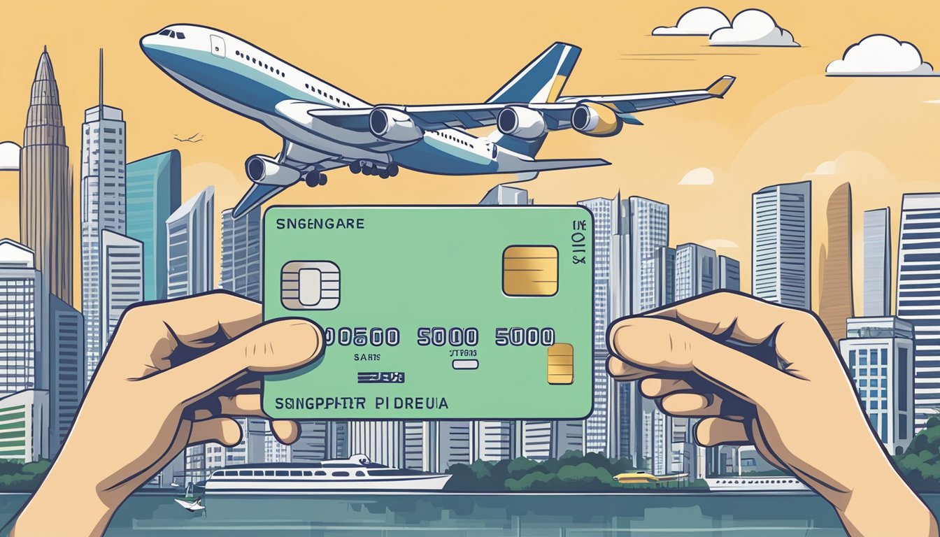 A hand holding a credit card with a plane flying above, surrounded by iconic Singapore landmarks