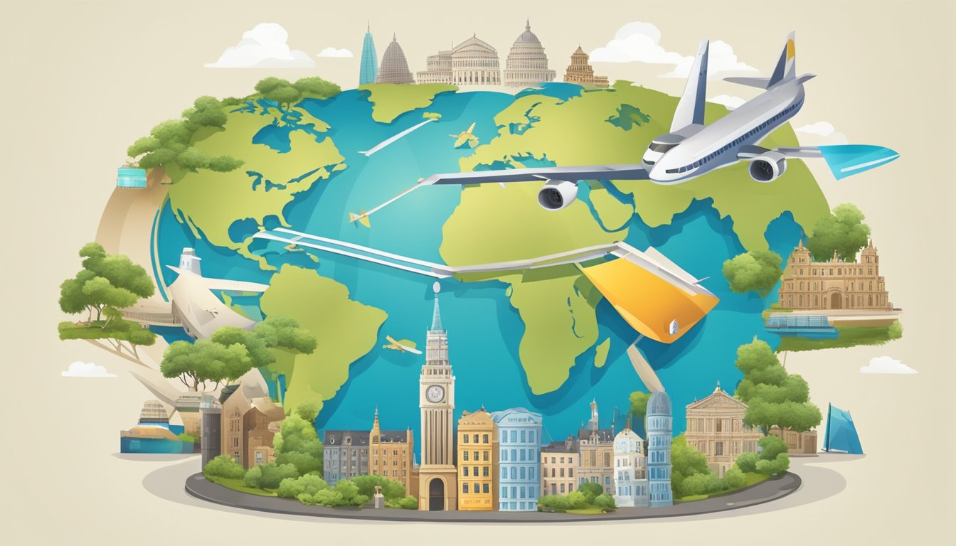 A credit card with a globe and airplane symbol, surrounded by local landmarks and international destinations