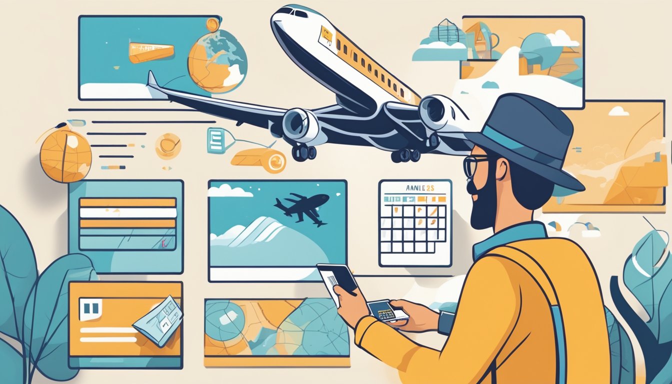 A person swiping a credit card with a plane icon, surrounded by images of travel destinations and a calendar, symbolizing earning and redeeming miles effectively