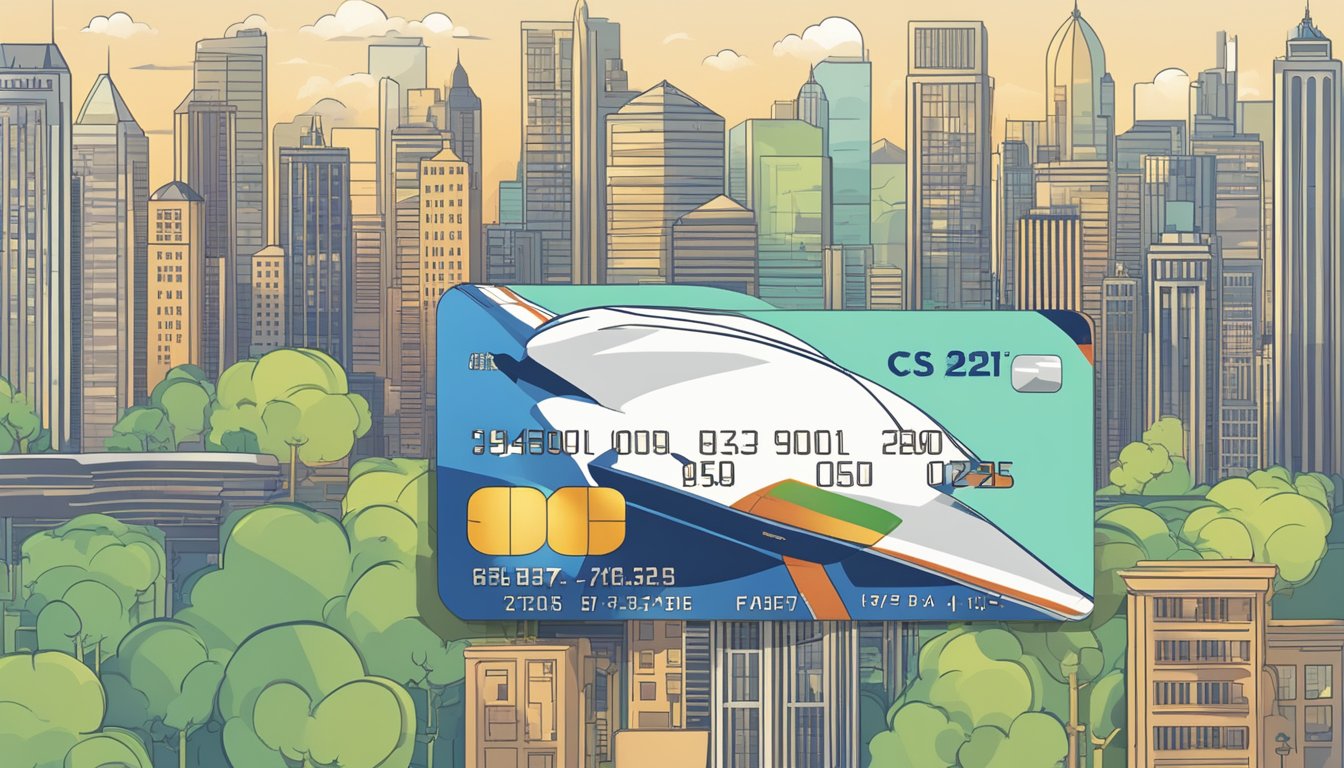 A credit card with a plane icon soaring over a city skyline, with "Annual Fees" and "Minimum Income Requirements" displayed prominently