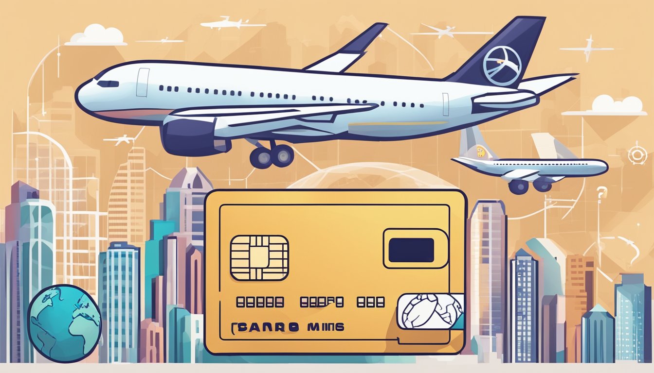 A credit card surrounded by airplane icons, with a globe in the background, and a list of frequently asked questions about earning miles in Singapore