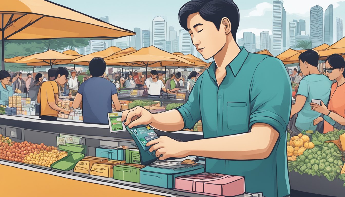 A traveler swipes a credit card at a bustling Singapore market, with iconic landmarks in the background