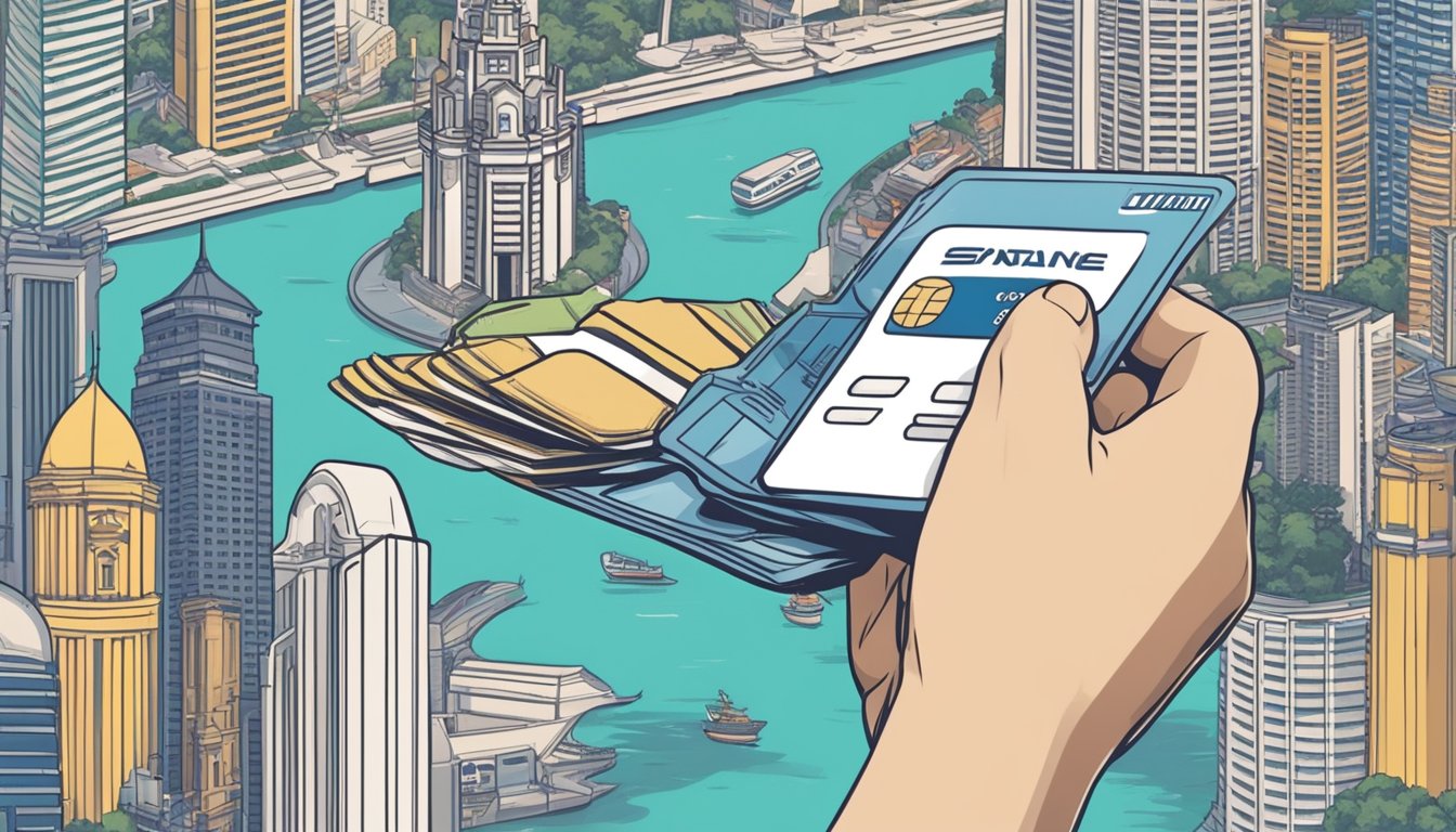 A hand reaching for a credit card with international symbols, against a backdrop of iconic Singapore landmarks