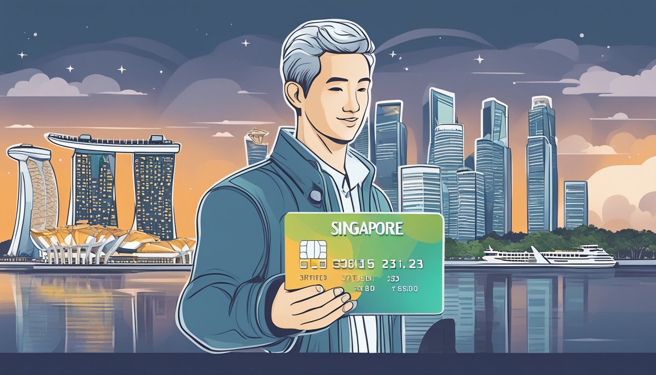 A traveler holding a credit card with iconic Singapore landmarks in the background, such as the Marina Bay Sands or the Merlion statue
