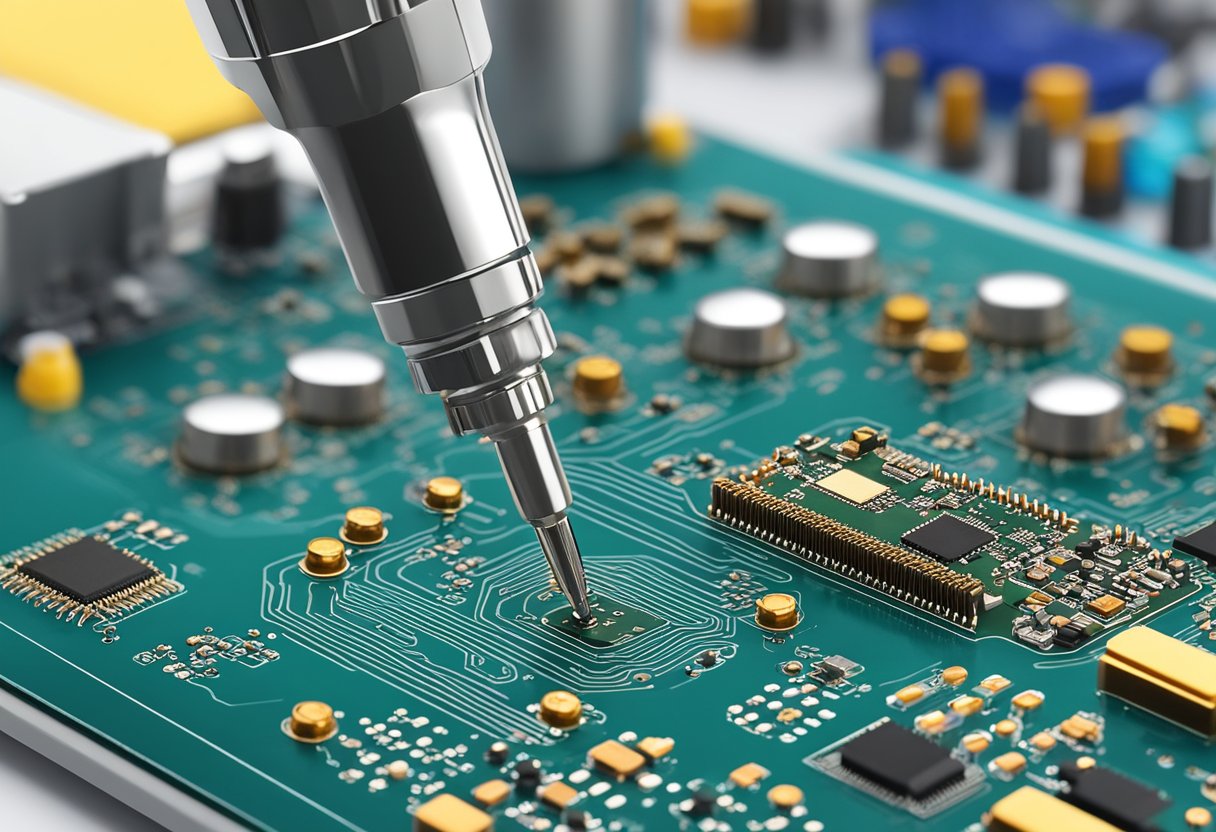 Components are placed on a printed circuit board. Soldering iron melts solder to connect components. Quality control checks completed PCBs
