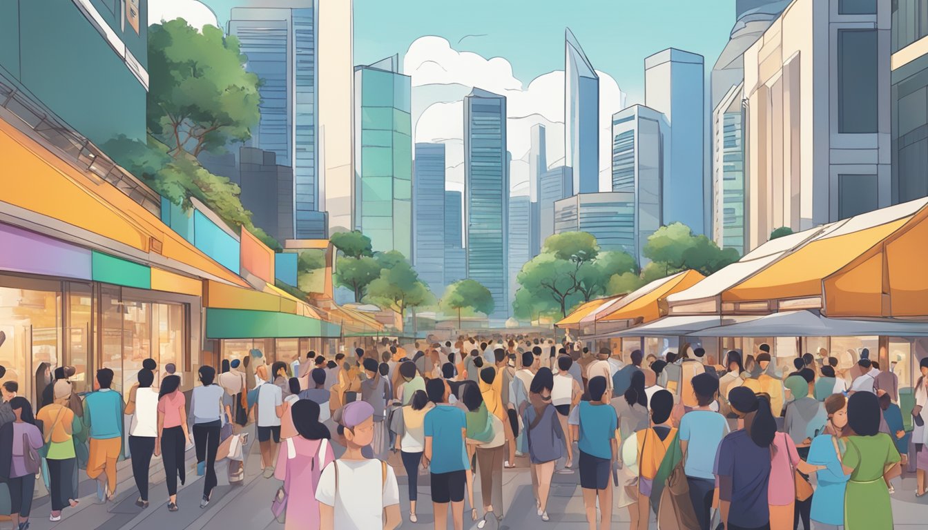 A bustling Singapore cityscape with iconic landmarks and a diverse group of people engaged in a crowdfunding event