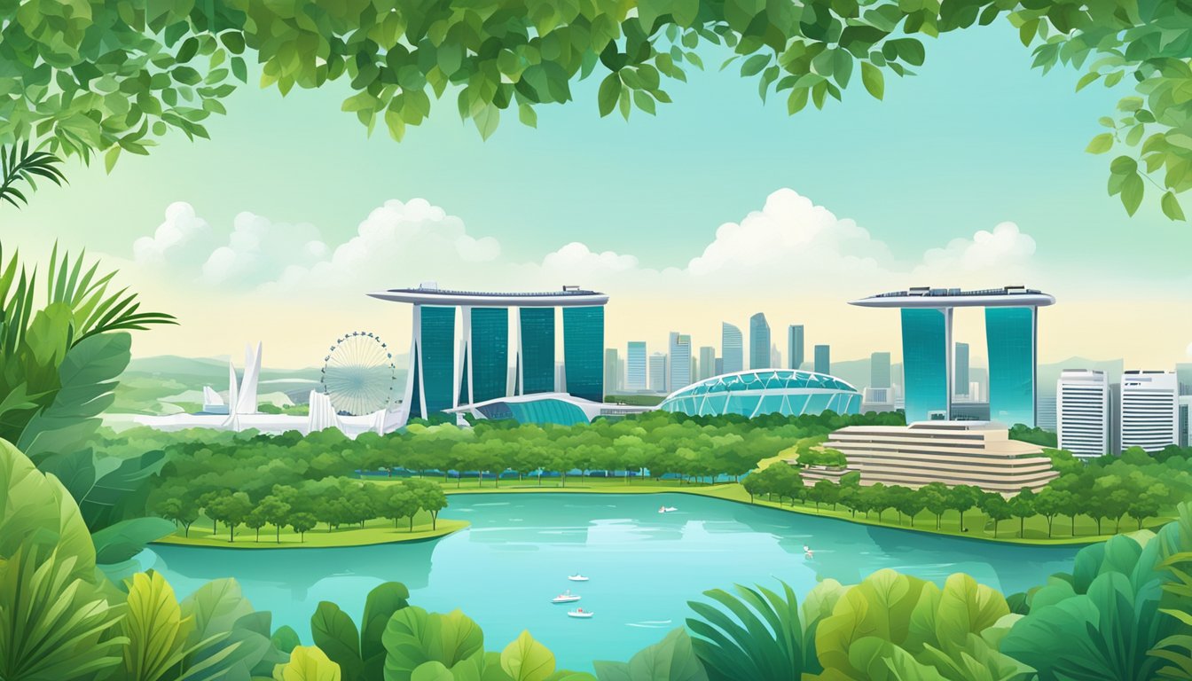 A panoramic view of Singapore's skyline with prominent financial and regulatory buildings, surrounded by a landscape of lush greenery