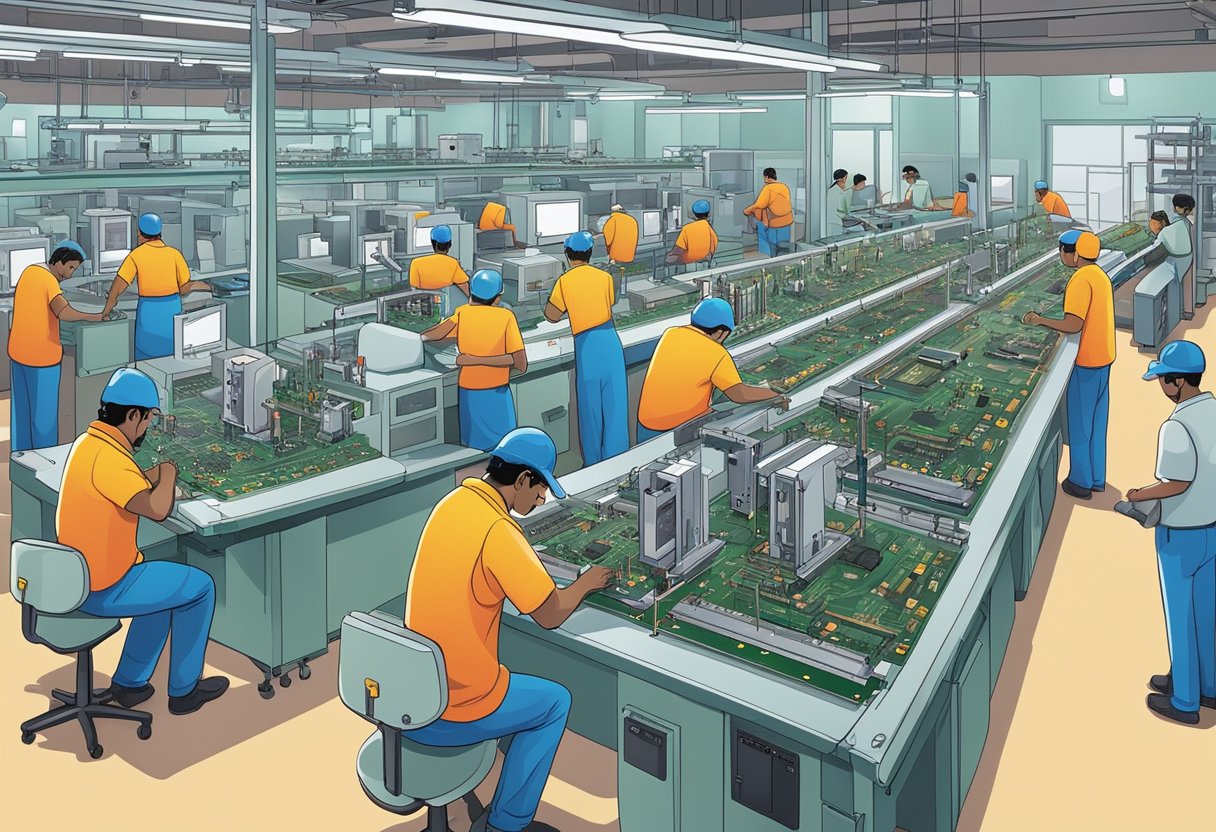 A busy PCB assembly line in Pune, with machines and workers assembling circuit boards