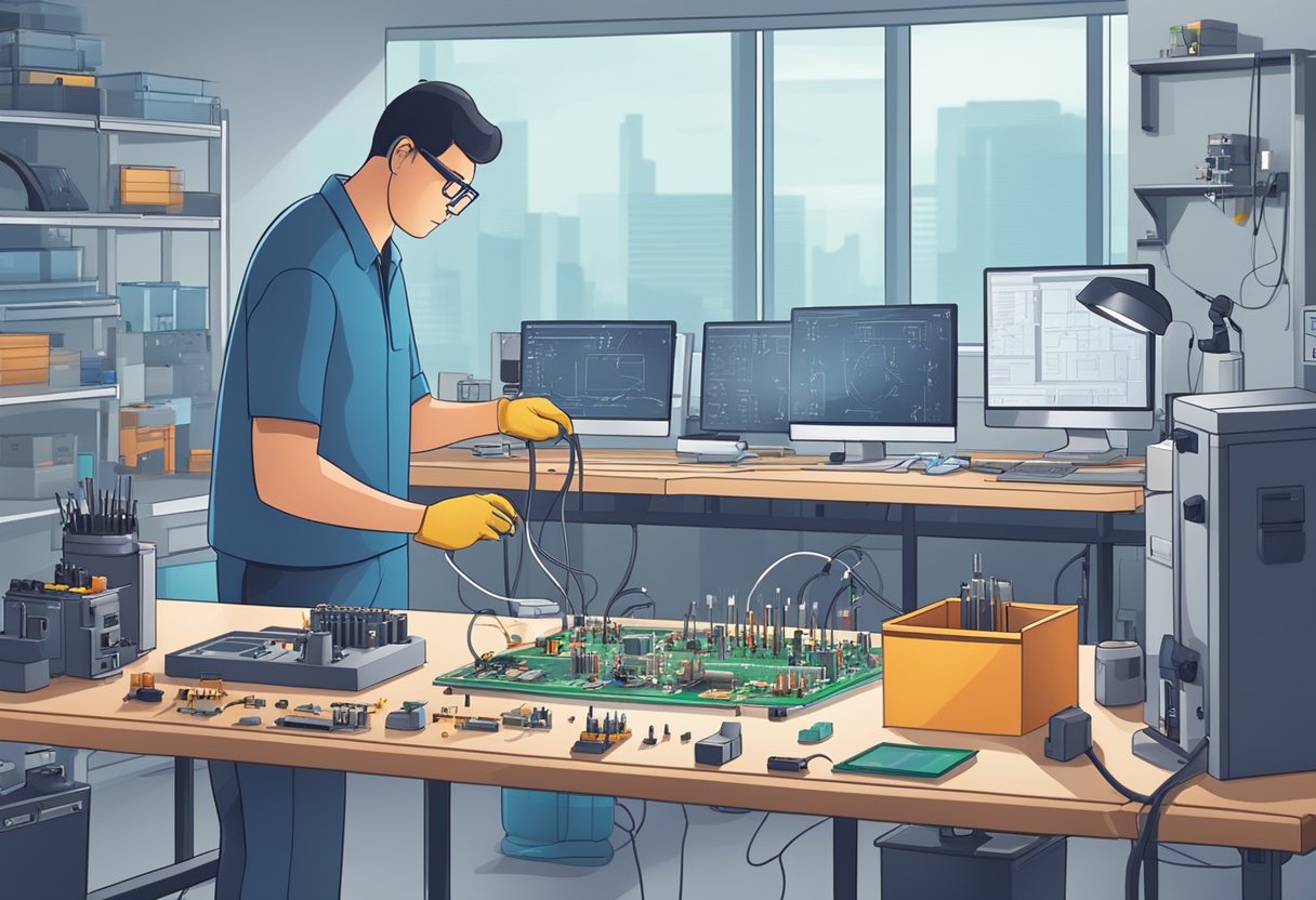 A technician assembles PCB components on a workbench in a clean, well-lit facility. Various tools and equipment are neatly organized around the workstation