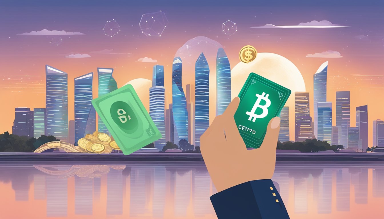 A hand holding a sleek crypto card against the backdrop of Singapore's iconic skyline, with digital currency symbols floating in the air