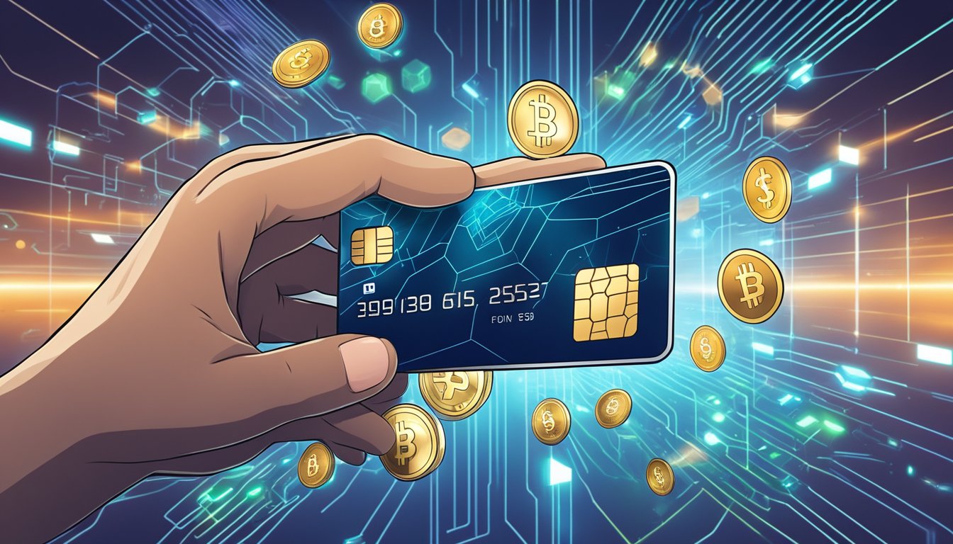 A hand holding a sleek crypto card with prominent features displayed, surrounded by digital currency symbols and a futuristic background