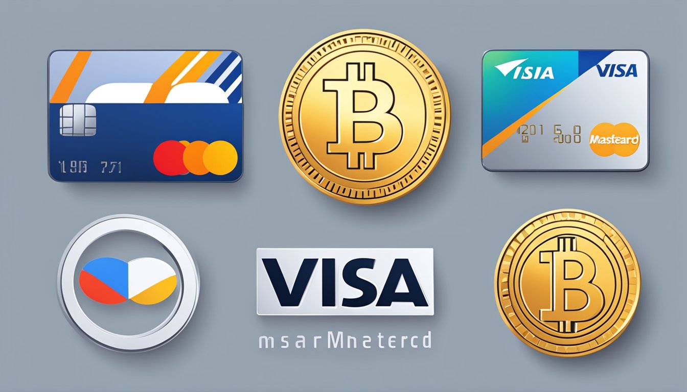 Visa and Mastercard logos displayed next to various cryptocurrency symbols, with a sleek and modern design