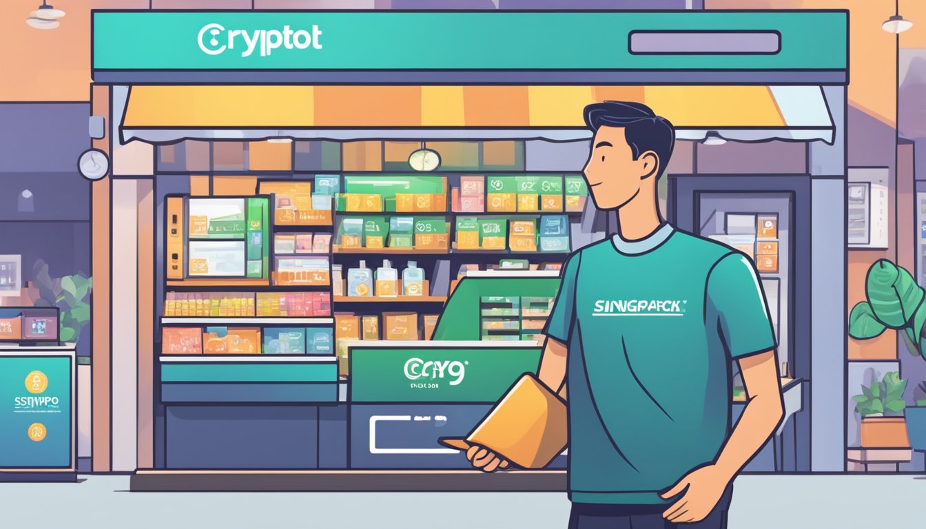A person swipes a crypto card at a Singaporean store, receiving rewards and cashback. The card's logo prominently displayed
