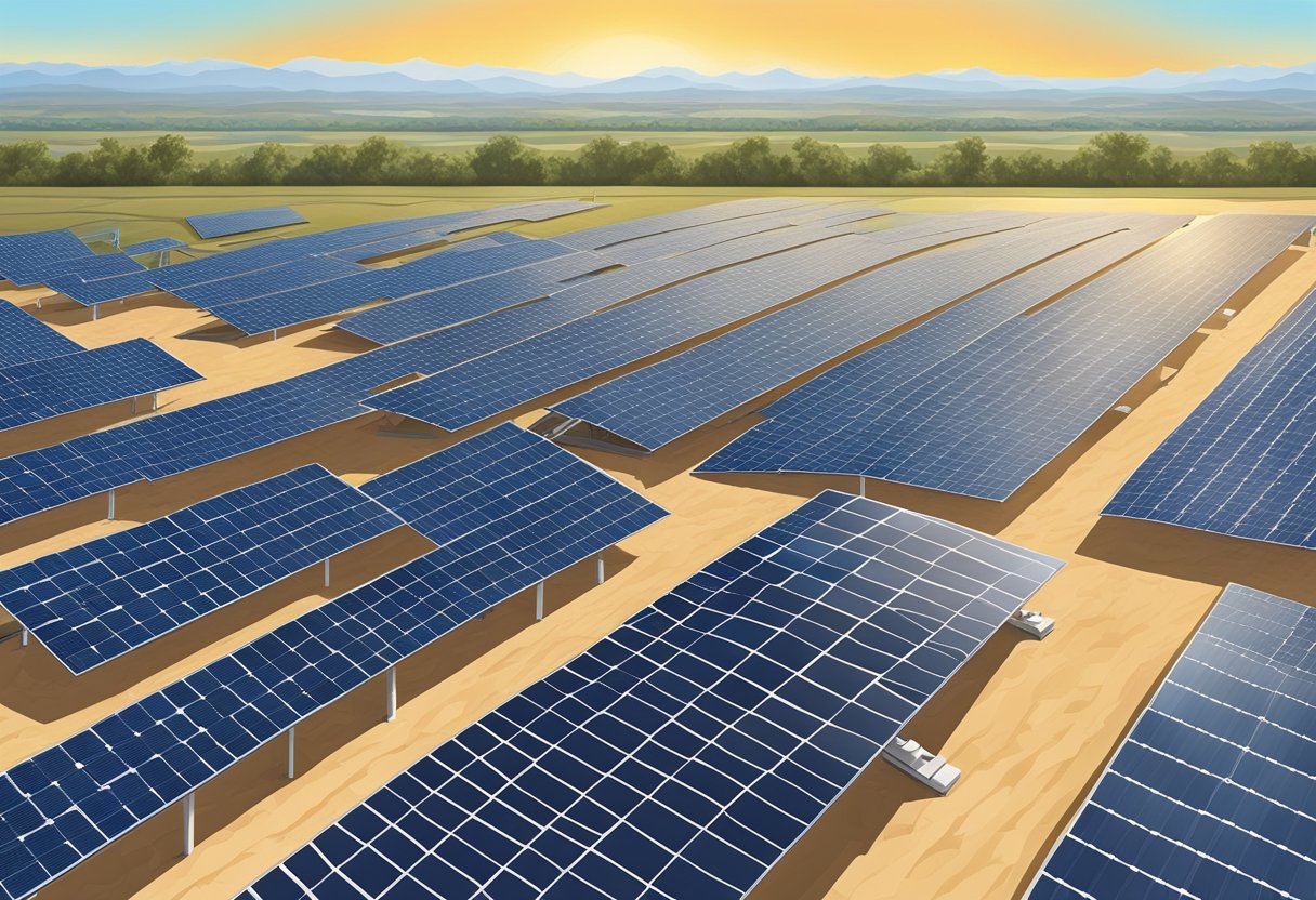 A sprawling Texas landscape with solar panels stretching across the horizon, under a clear blue sky. The panels are arranged in neat rows, capturing the abundant sunlight of the Lone Star State