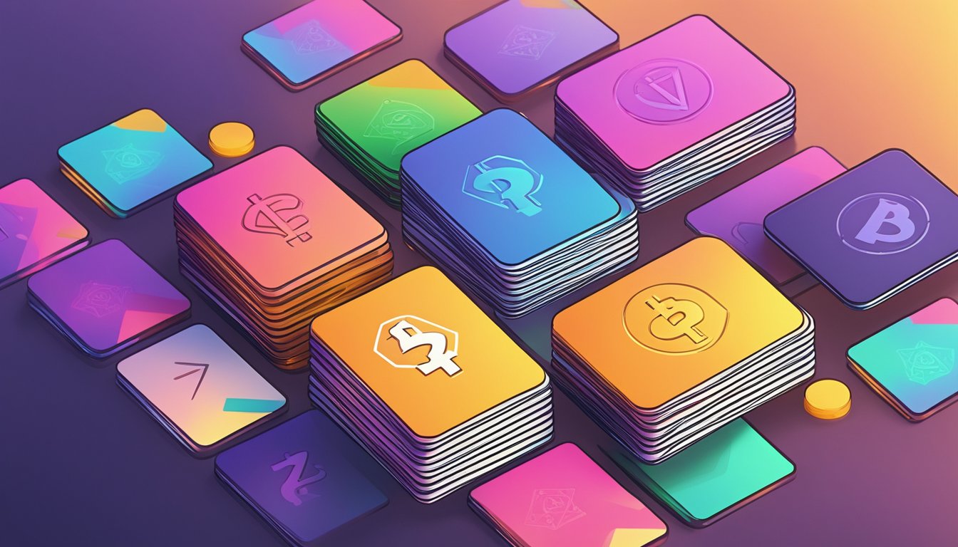 A stack of colorful crypto cards with "Frequently Asked Questions" text on a sleek table in a modern Singapore setting