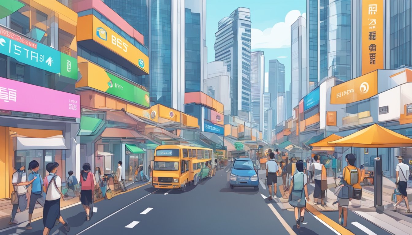 A bustling Singapore street with prominent "best crypto exchange" signage. Modern buildings and a mix of people and vehicles in the background