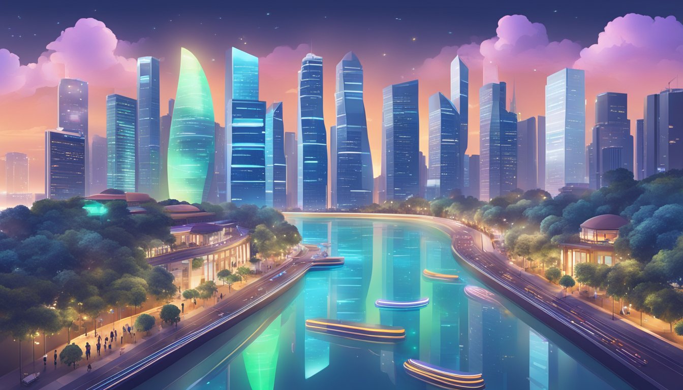 A bustling Singapore cityscape with futuristic skyscrapers and digital currency symbols floating in the air