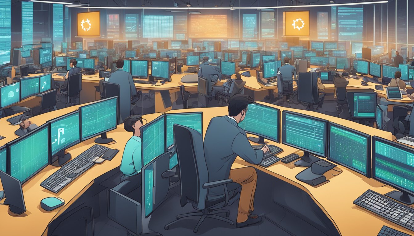 A bustling trading floor with digital screens displaying real-time cryptocurrency prices, traders frantically typing on keyboards, and executives conferring in hushed tones