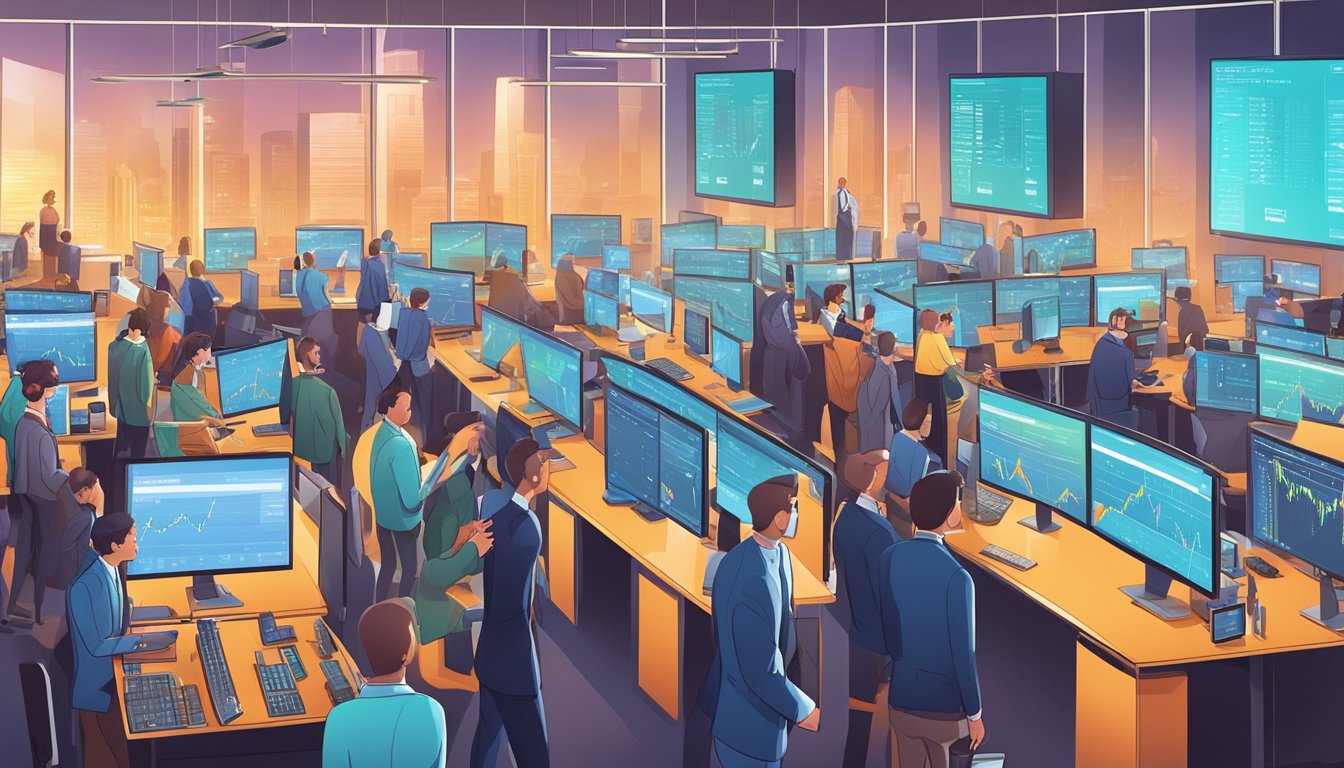 A bustling trading floor with digital screens displaying cryptocurrency prices, traders exchanging tokens, and investment advisors assisting clients