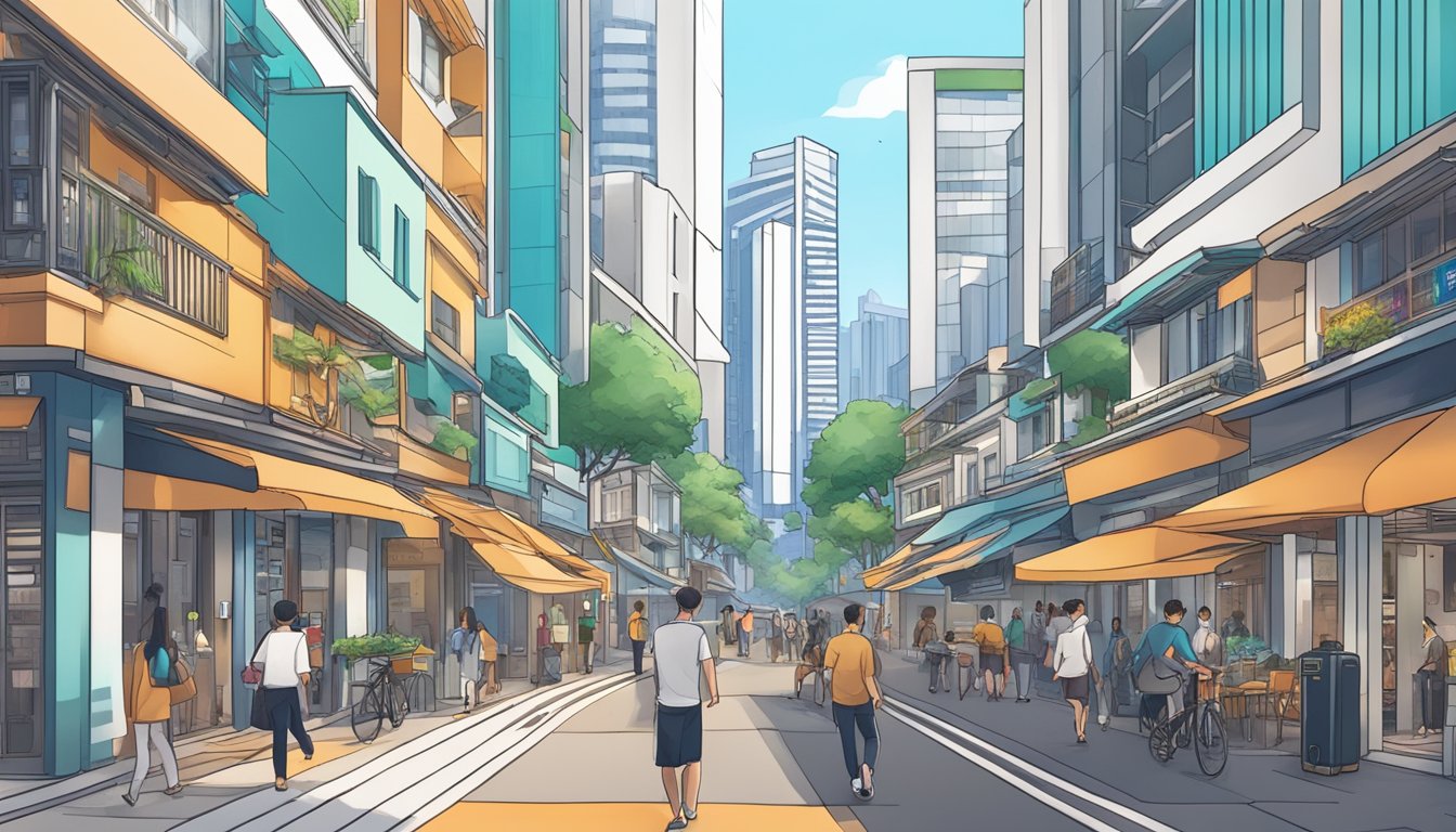 A bustling Singaporean street with a mix of traditional and modern architecture, featuring a prominent cryptocurrency exchange sign