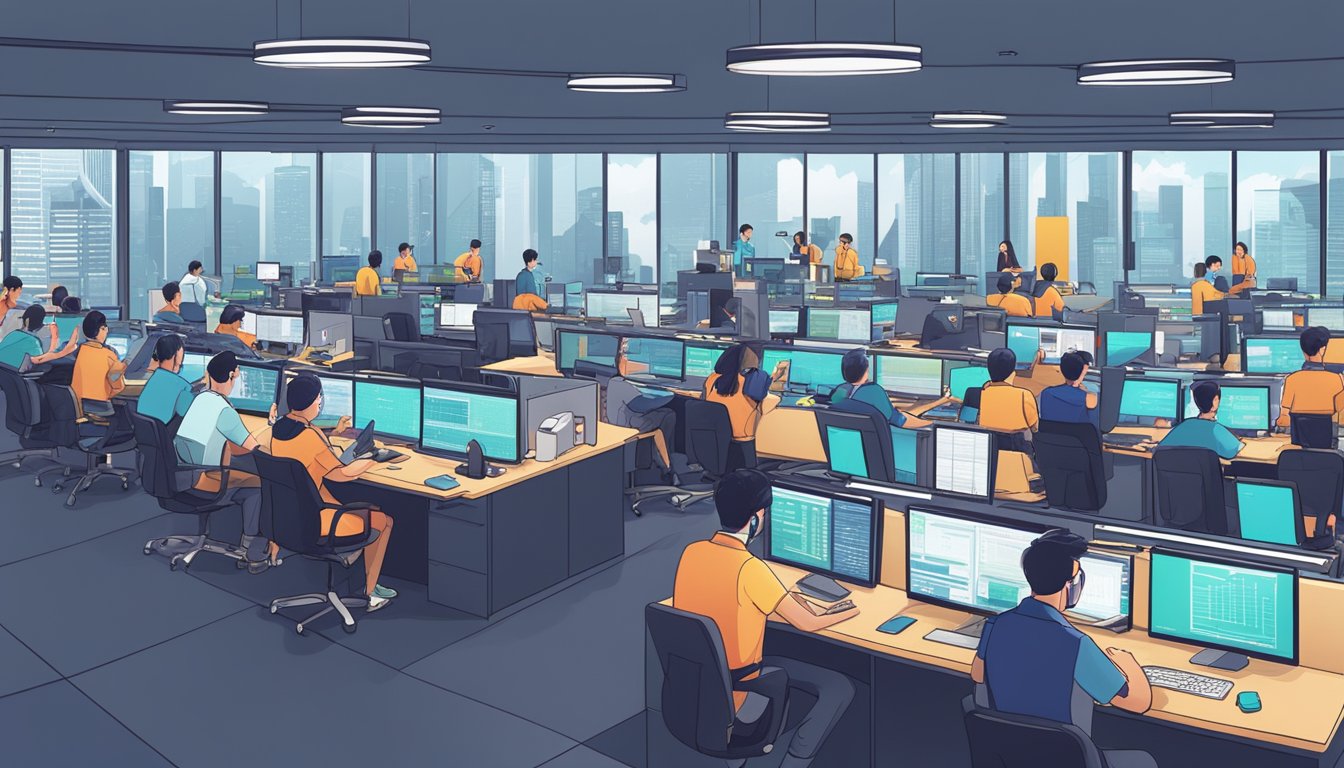 A bustling crypto exchange in Singapore, with traders at their desks, screens displaying market data, and customer service representatives assisting clients