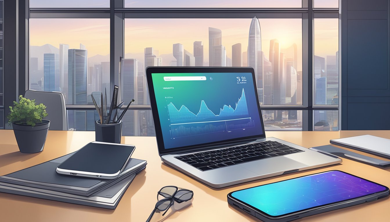 A modern, sleek crypto wallet sits on a desk in a well-lit Singapore office, surrounded by high-tech gadgets and a skyline view