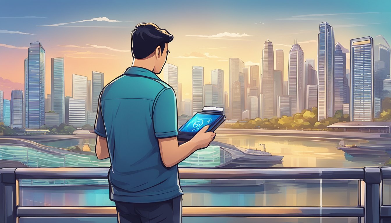 A person in Singapore selects a crypto wallet from a variety of options, with a city skyline in the background